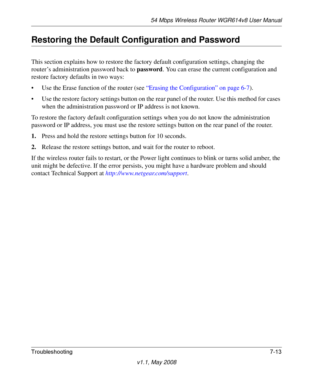 NETGEAR WGR614 v8 manual Restoring the Default Configuration and Password 