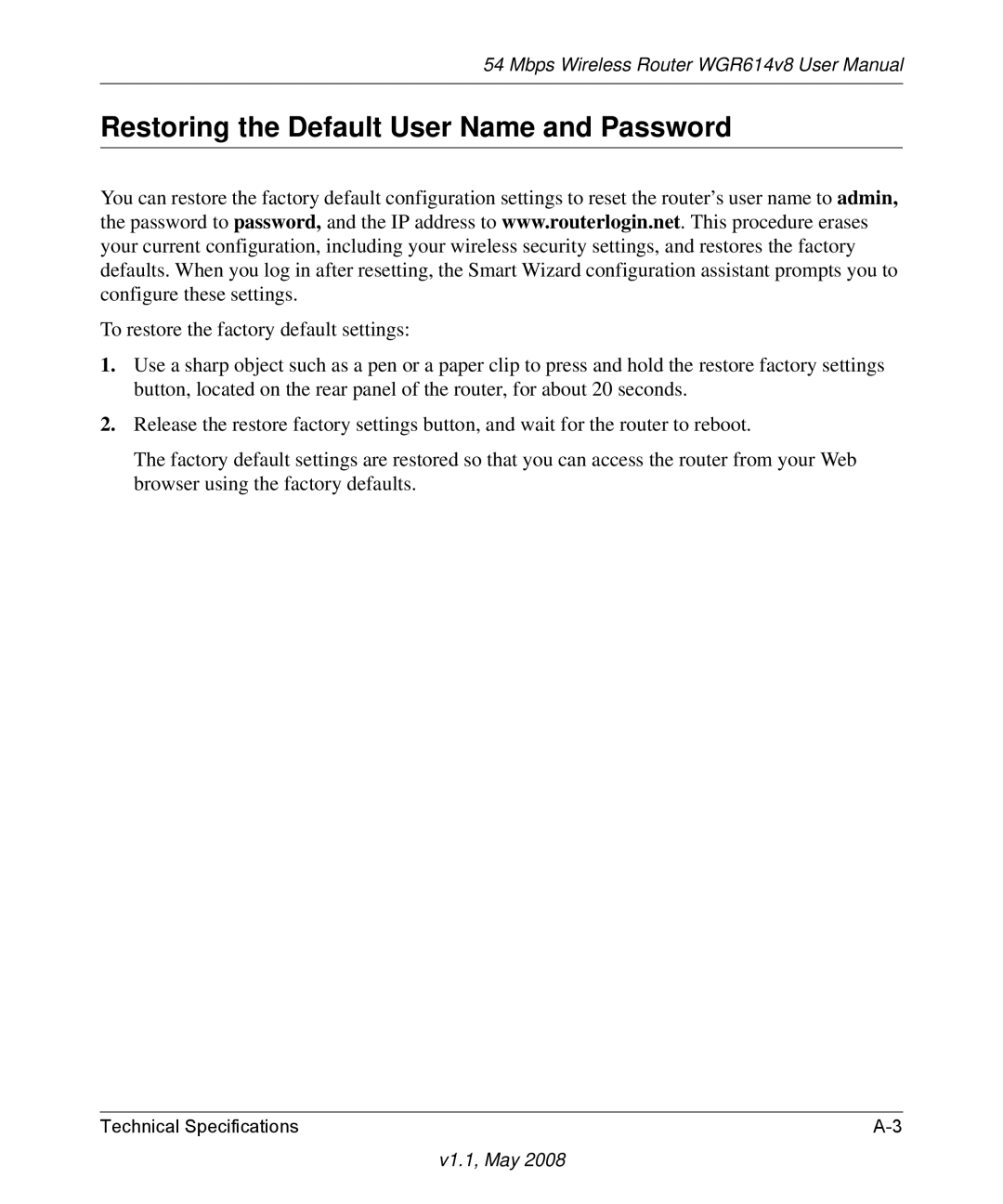 NETGEAR WGR614 v8 manual Restoring the Default User Name and Password 