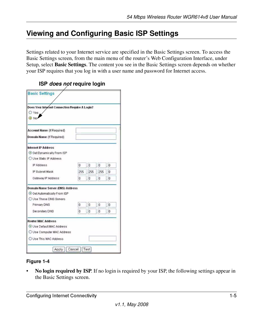 NETGEAR WGR614 v8 manual Viewing and Configuring Basic ISP Settings, ISP does not require login 