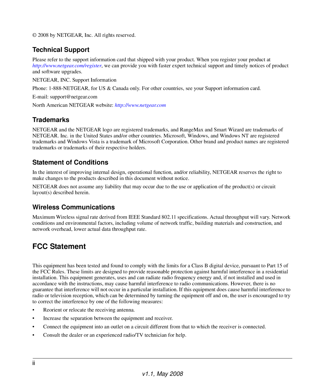 NETGEAR WGR614 v8 manual Technical Support, Trademarks, Statement of Conditions, Wireless Communications 