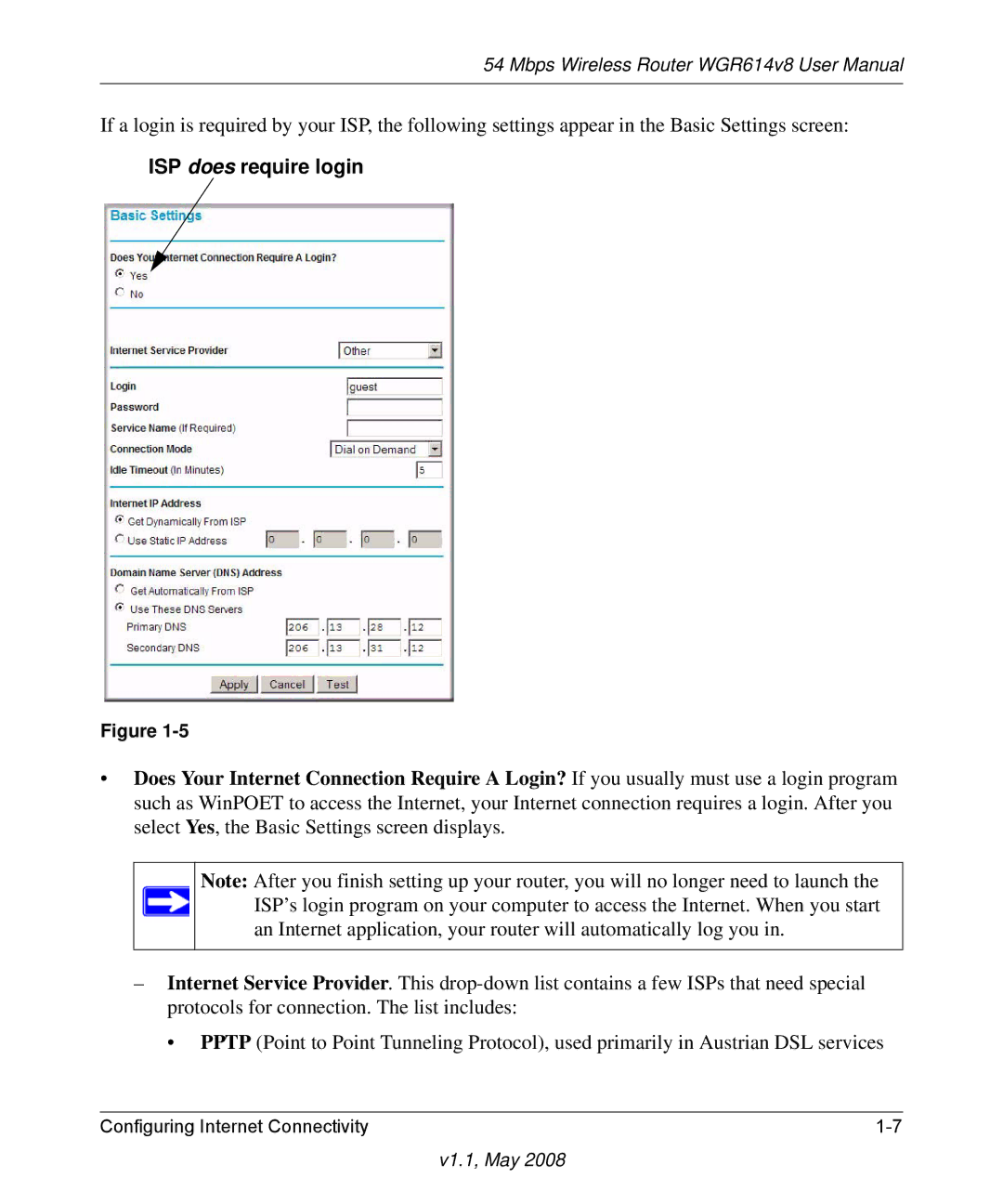 NETGEAR WGR614 v8 manual ISP does require login 