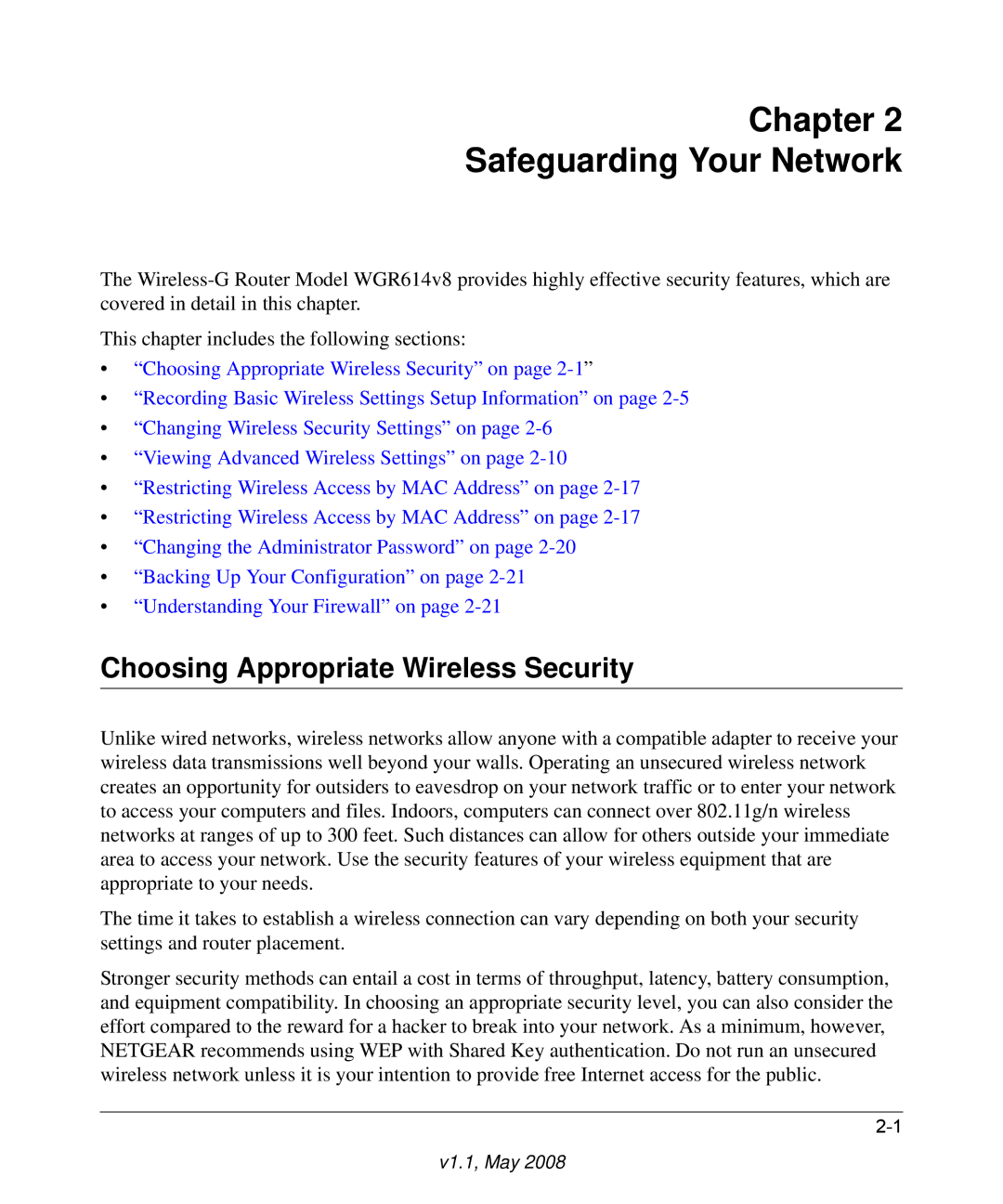 NETGEAR WGR614 v8 manual Chapter Safeguarding Your Network, Choosing Appropriate Wireless Security 