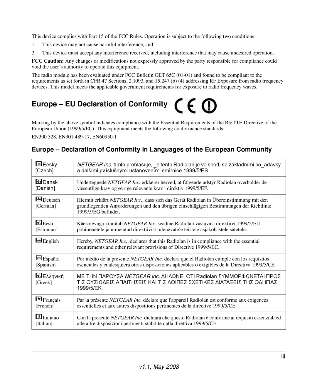 NETGEAR WGR614 v8 manual Europe EU Declaration of Conformity 