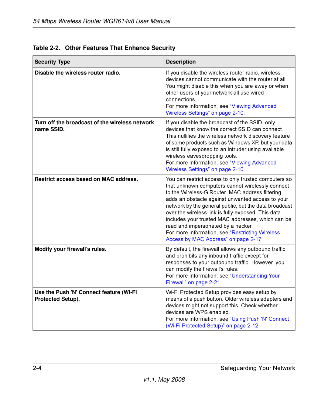 NETGEAR WGR614 v8 manual Other Features That Enhance Security 