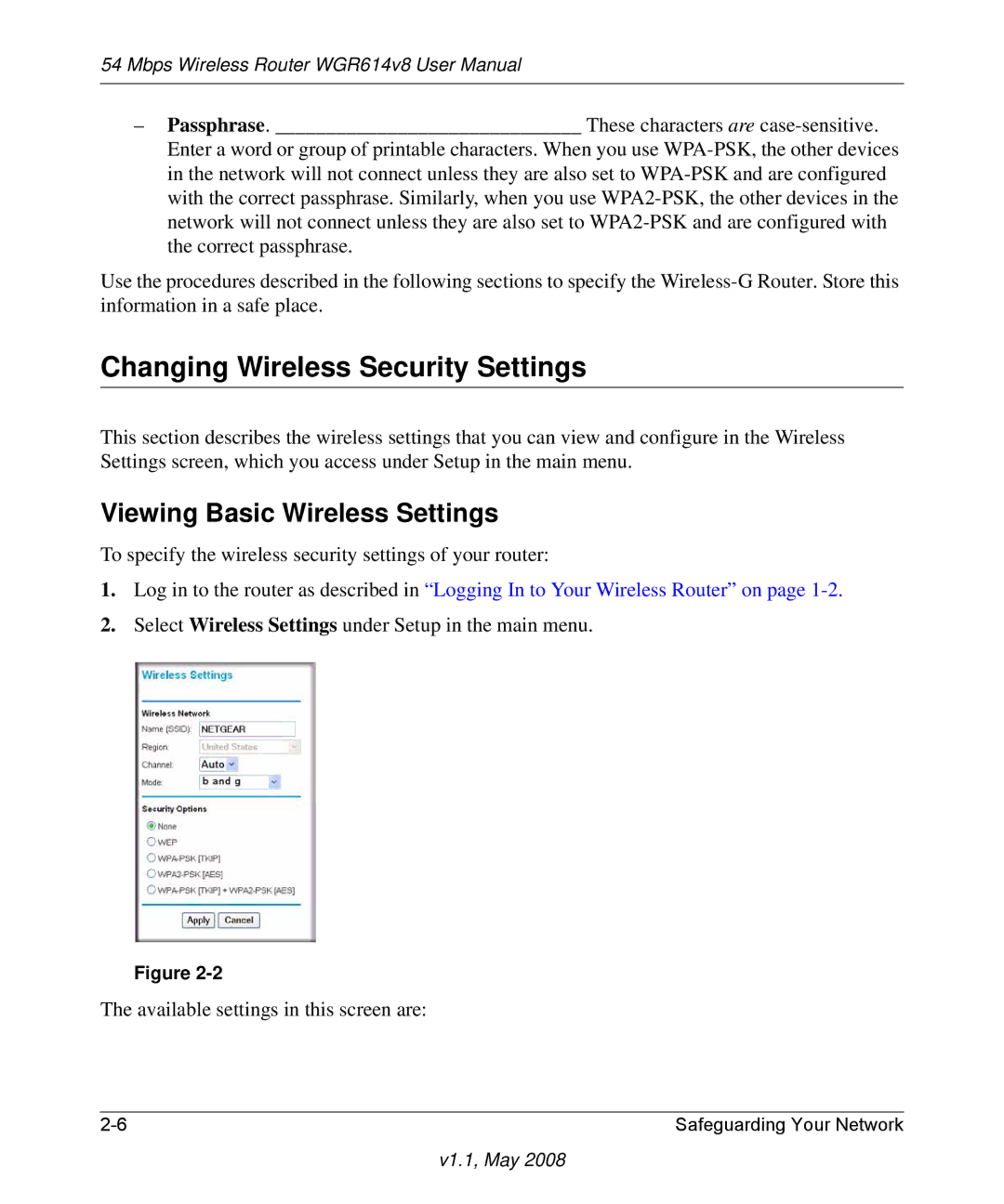 NETGEAR WGR614 v8 manual Changing Wireless Security Settings, Viewing Basic Wireless Settings 