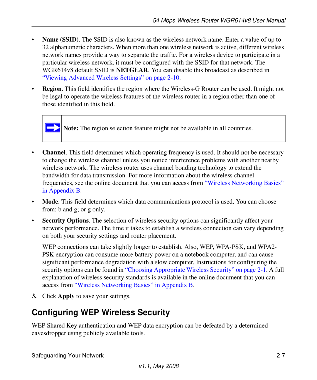 NETGEAR WGR614 v8 manual Configuring WEP Wireless Security 