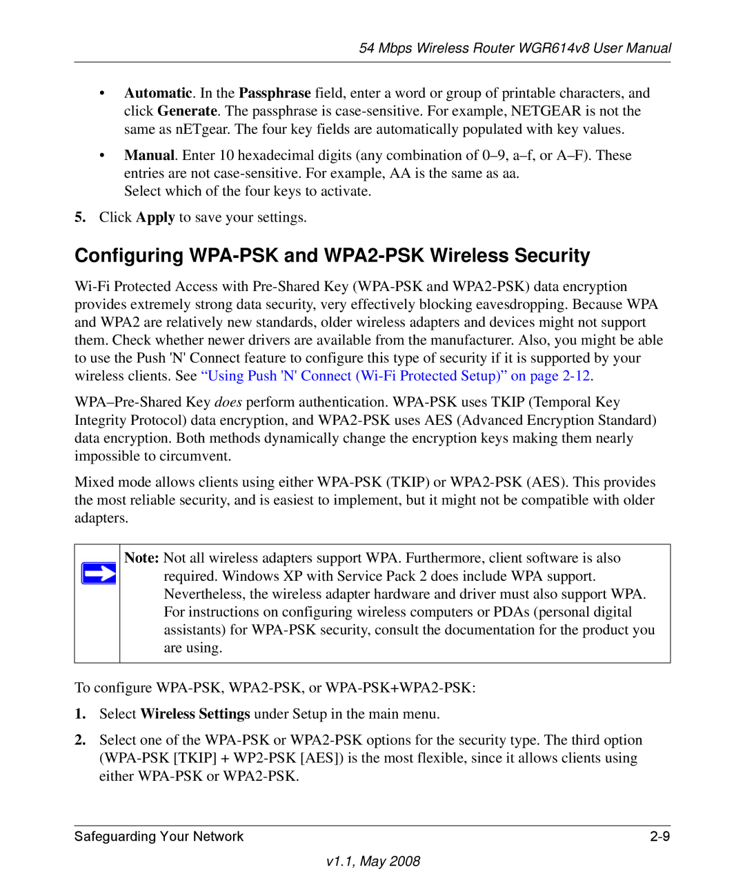 NETGEAR WGR614 v8 manual Configuring WPA-PSK and WPA2-PSK Wireless Security 