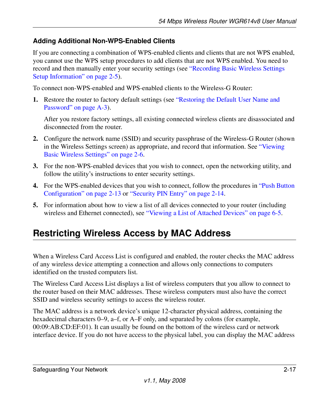 NETGEAR WGR614 v8 manual Restricting Wireless Access by MAC Address, Adding Additional Non-WPS-Enabled Clients 