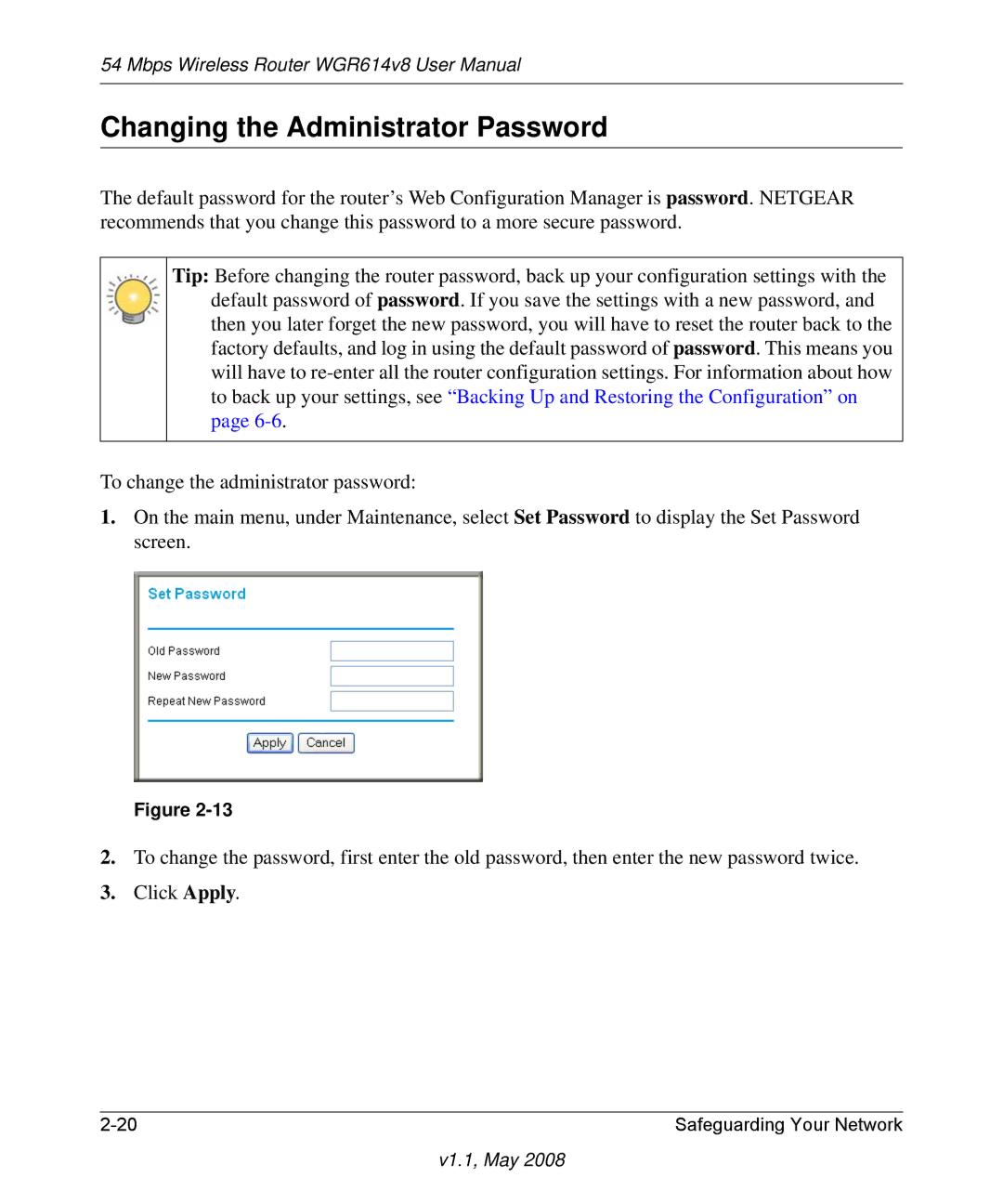 NETGEAR WGR614 v8 manual Changing the Administrator Password 