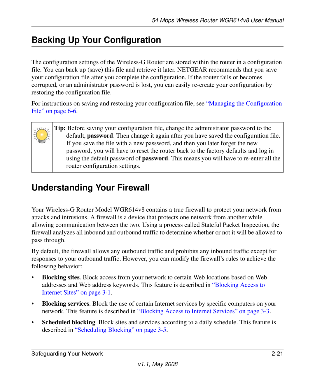 NETGEAR WGR614 v8 manual Backing Up Your Configuration, Understanding Your Firewall 