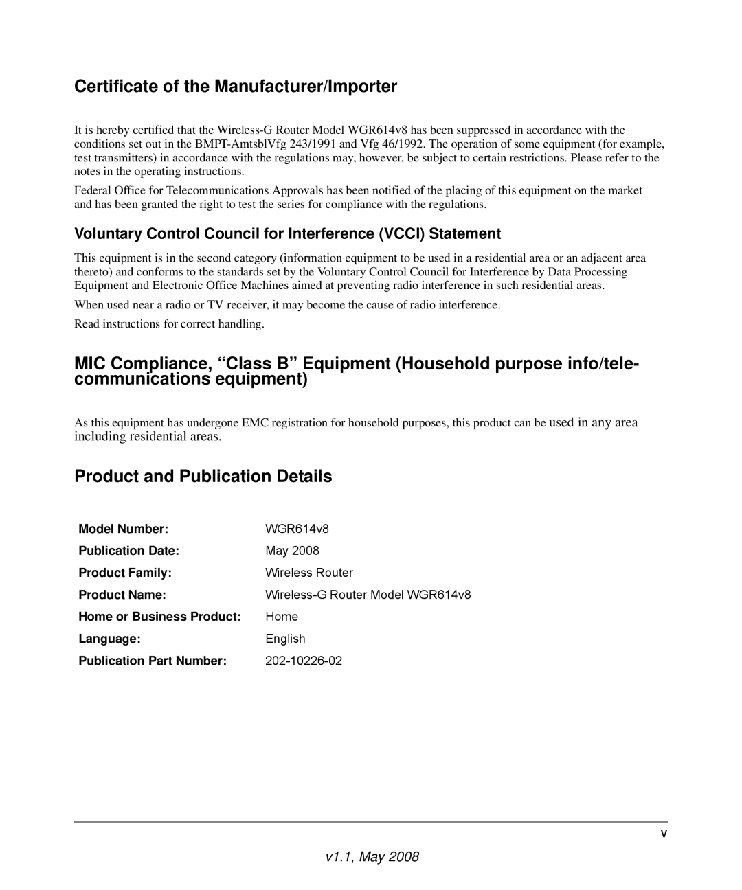 NETGEAR WGR614 v8 Certificate of the Manufacturer/Importer, Voluntary Control Council for Interference Vcci Statement 