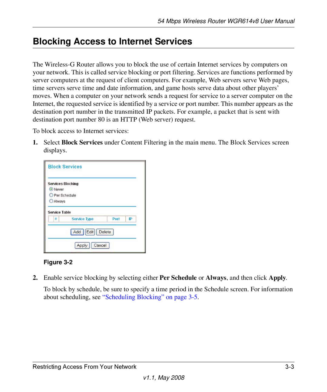 NETGEAR WGR614 v8 manual Blocking Access to Internet Services 