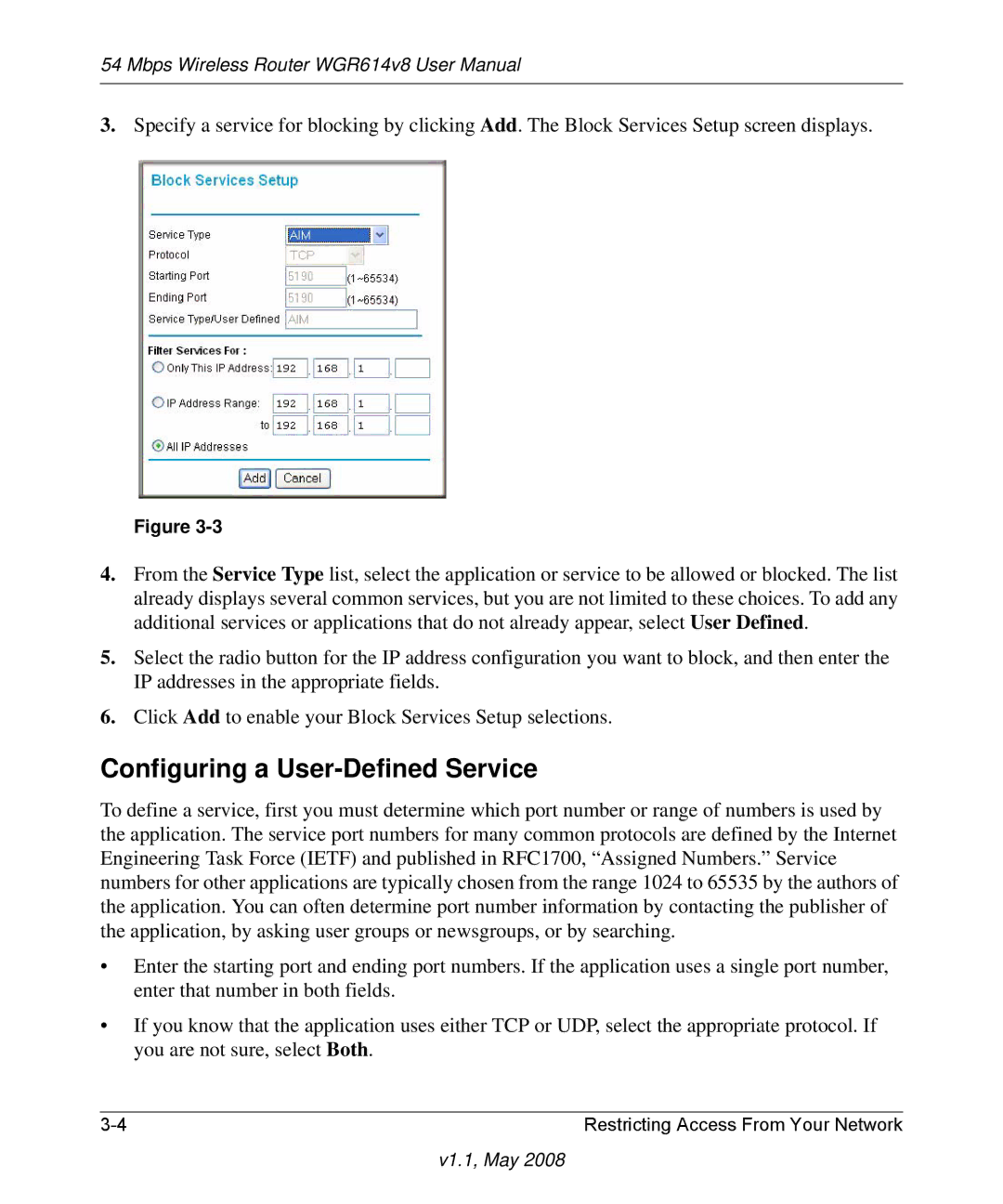 NETGEAR WGR614 v8 manual Configuring a User-Defined Service 