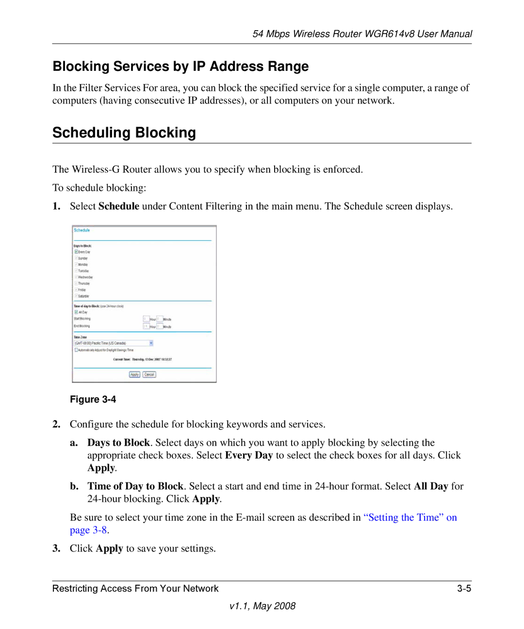 NETGEAR WGR614 v8 manual Scheduling Blocking, Blocking Services by IP Address Range 