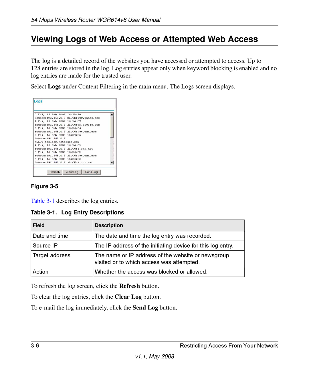 NETGEAR WGR614 v8 manual Viewing Logs of Web Access or Attempted Web Access, Log Entry Descriptions 