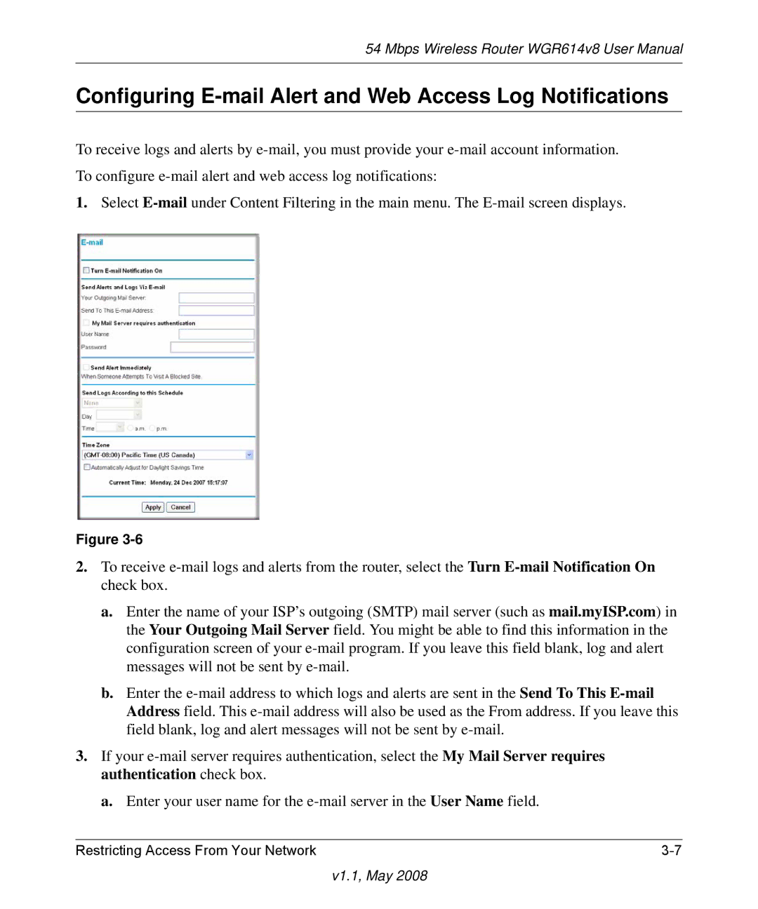 NETGEAR WGR614 v8 manual Configuring E-mail Alert and Web Access Log Notifications 