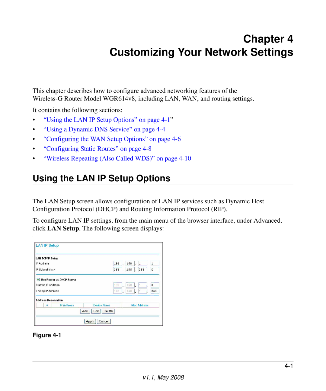 NETGEAR WGR614 v8 manual Chapter Customizing Your Network Settings, Using the LAN IP Setup Options 