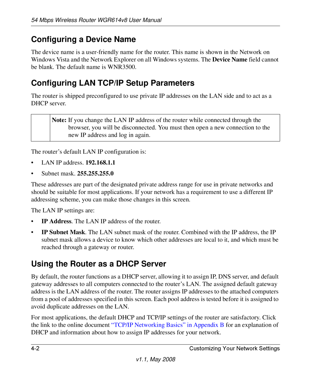 NETGEAR WGR614 v8 Configuring a Device Name, Configuring LAN TCP/IP Setup Parameters, Using the Router as a Dhcp Server 