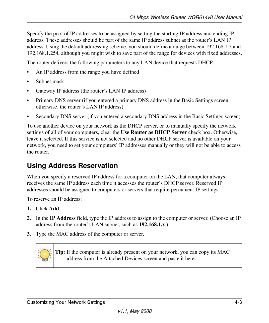 NETGEAR WGR614 v8 manual Using Address Reservation 