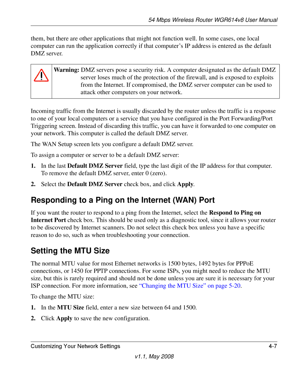 NETGEAR WGR614 v8 manual Responding to a Ping on the Internet WAN Port, Setting the MTU Size 