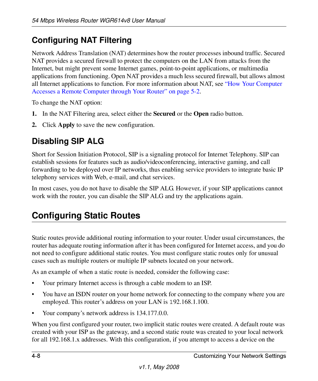 NETGEAR WGR614 v8 manual Configuring Static Routes, Configuring NAT Filtering, Disabling SIP ALG 