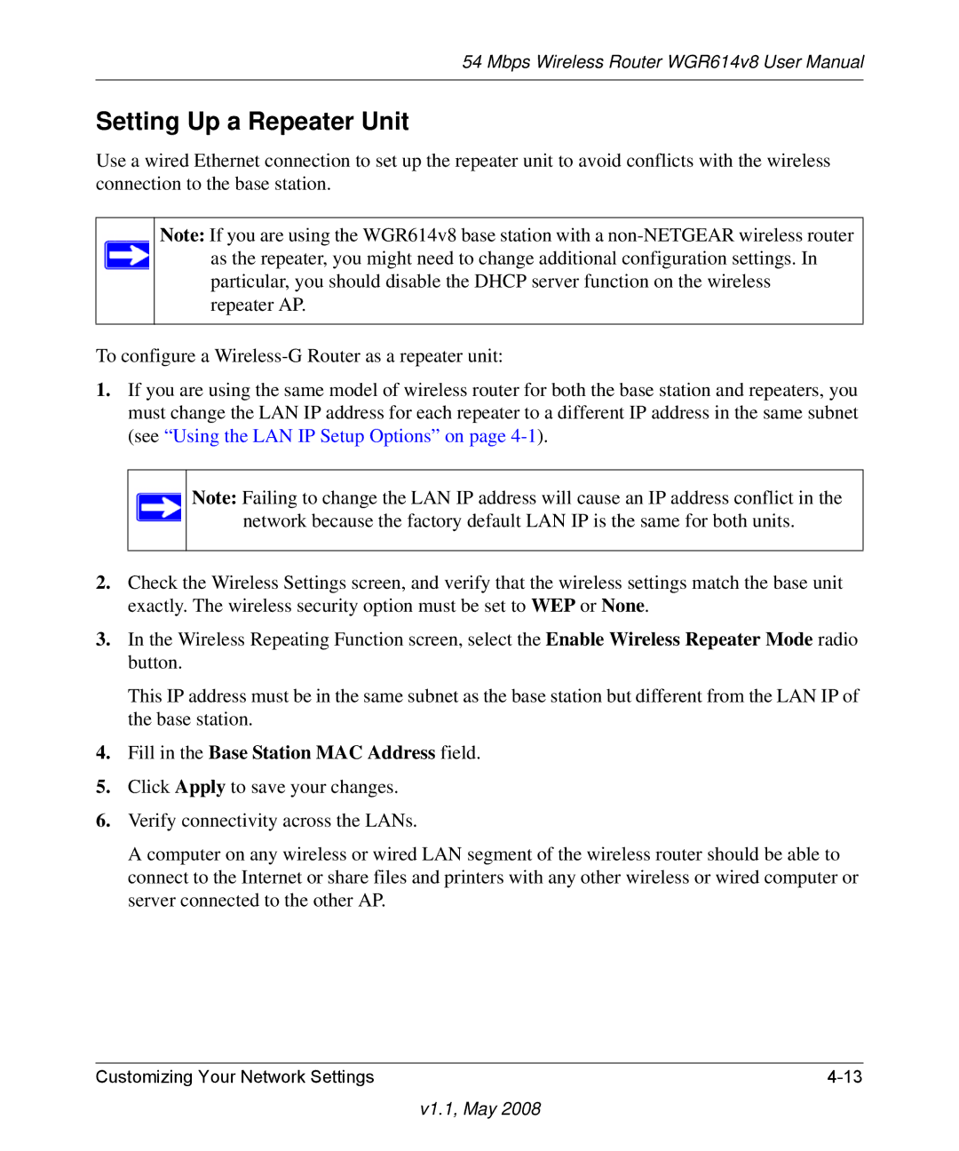 NETGEAR WGR614 v8 manual Setting Up a Repeater Unit, Fill in the Base Station MAC Address field 