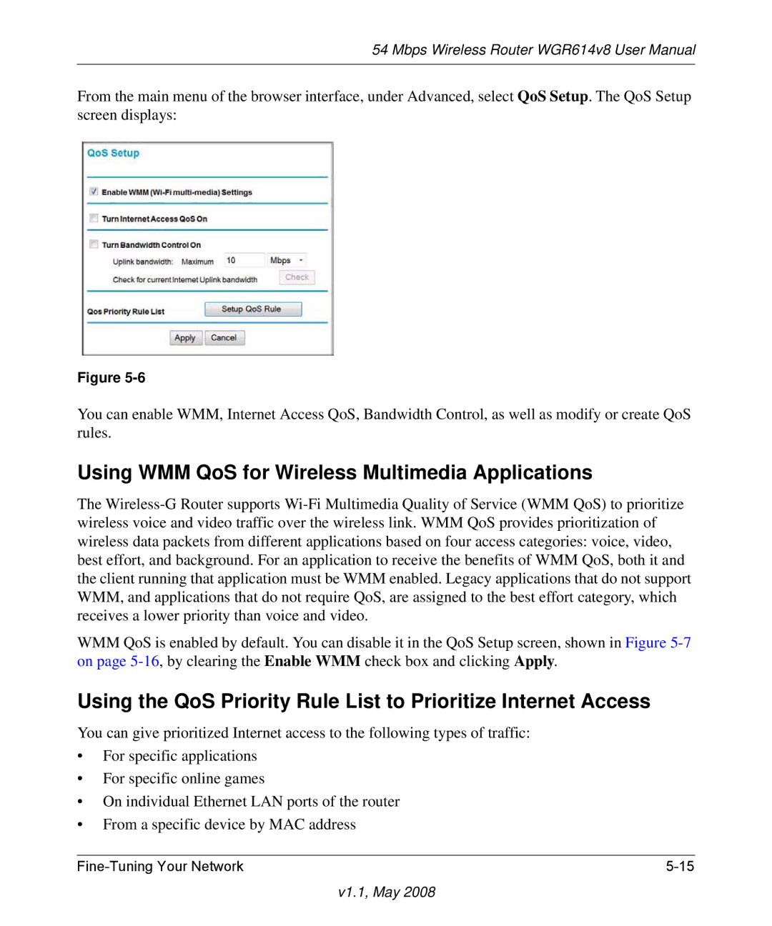 NETGEAR WGR614 v8 manual Using WMM QoS for Wireless Multimedia Applications 