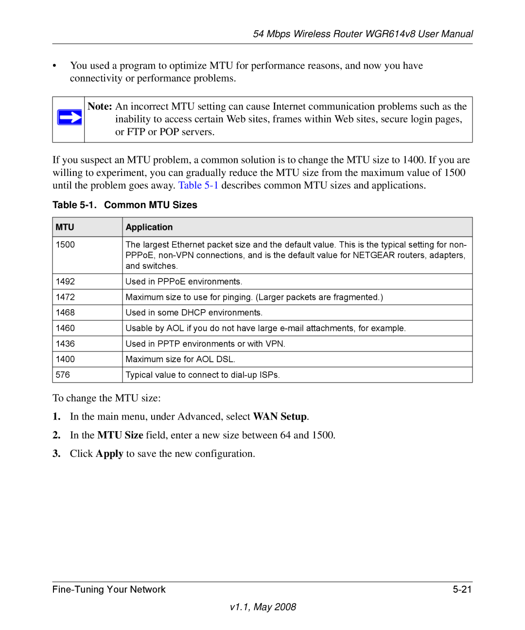 NETGEAR WGR614 v8 manual Common MTU Sizes 