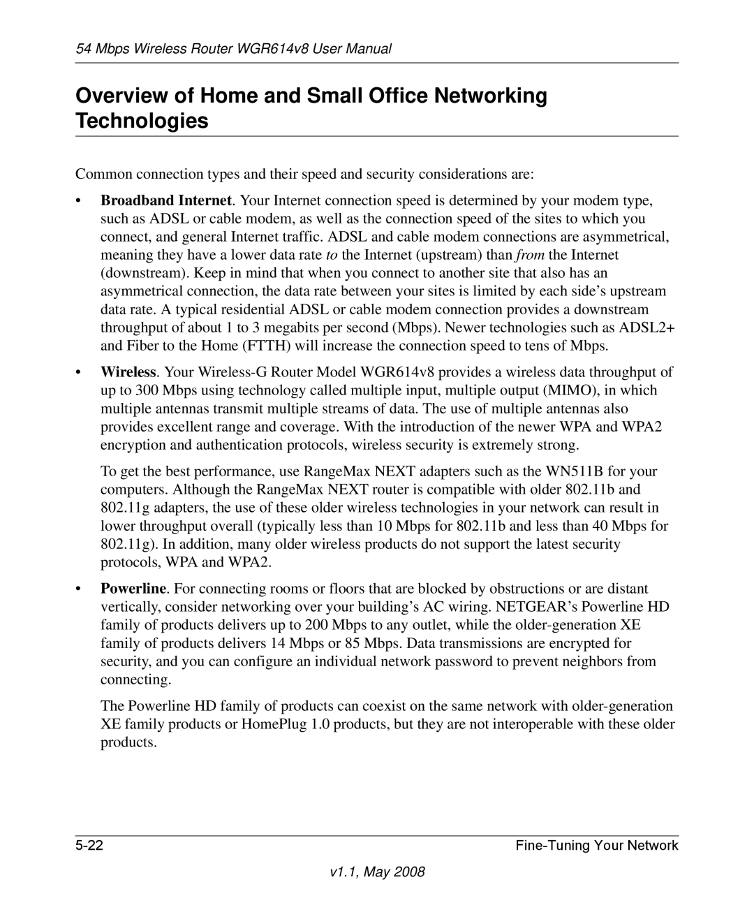 NETGEAR WGR614 v8 manual Overview of Home and Small Office Networking Technologies 