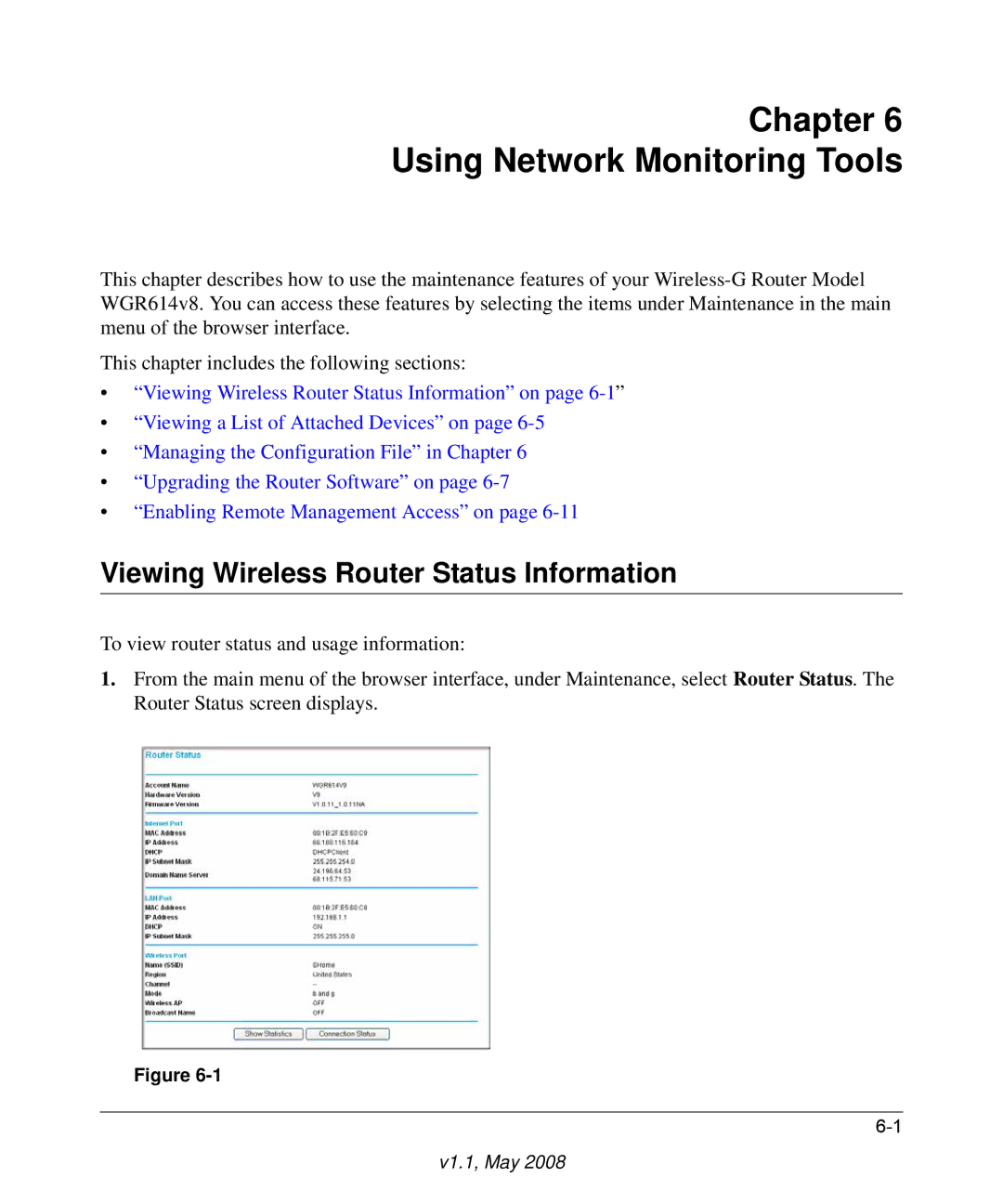 NETGEAR WGR614 v8 manual Chapter Using Network Monitoring Tools, Viewing Wireless Router Status Information 