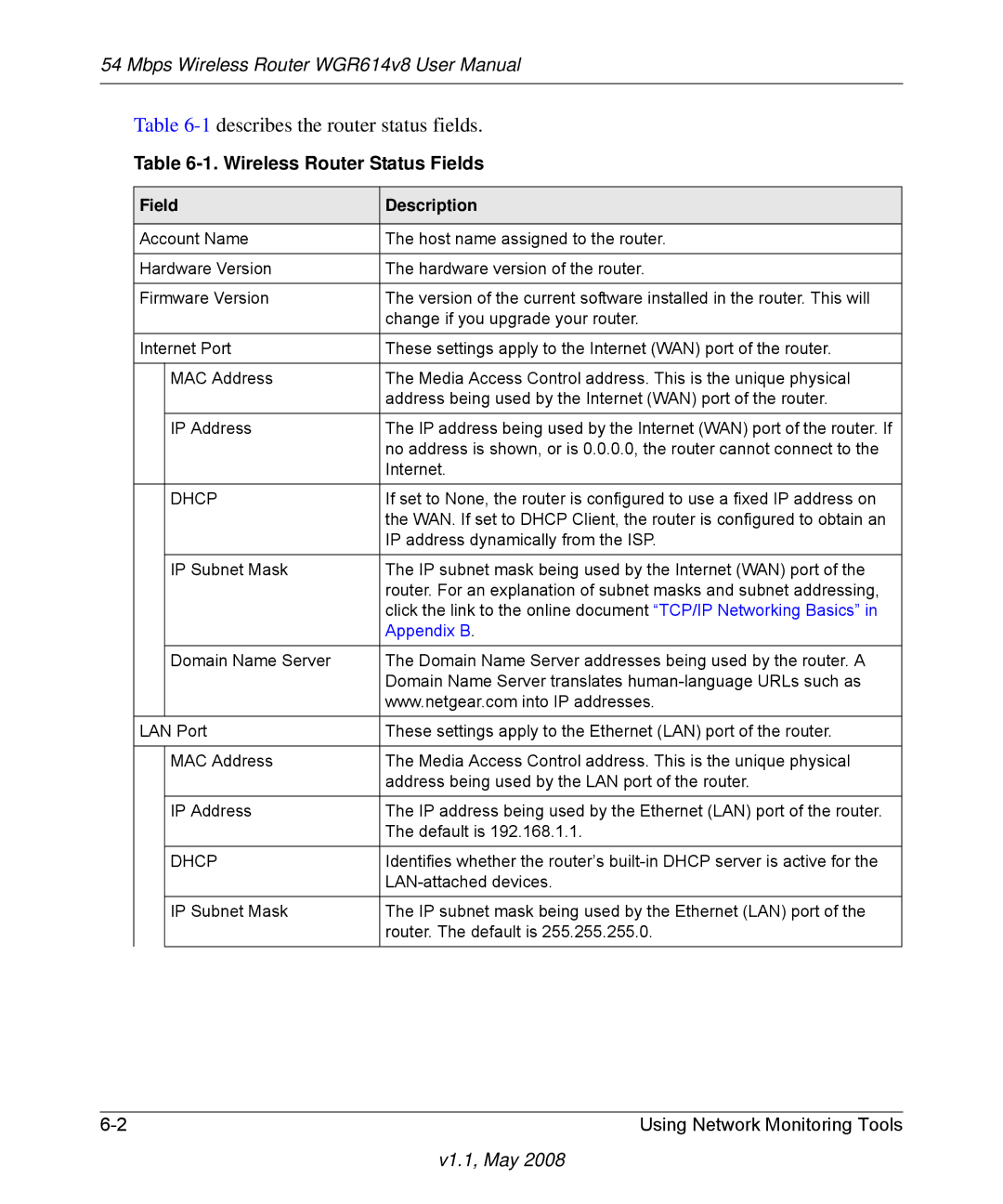 NETGEAR WGR614 v8 manual 1describes the router status fields 