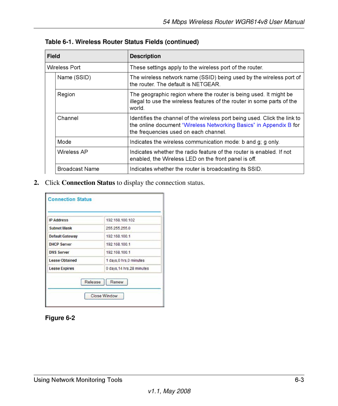 NETGEAR WGR614 v8 manual Click Connection Status to display the connection status 