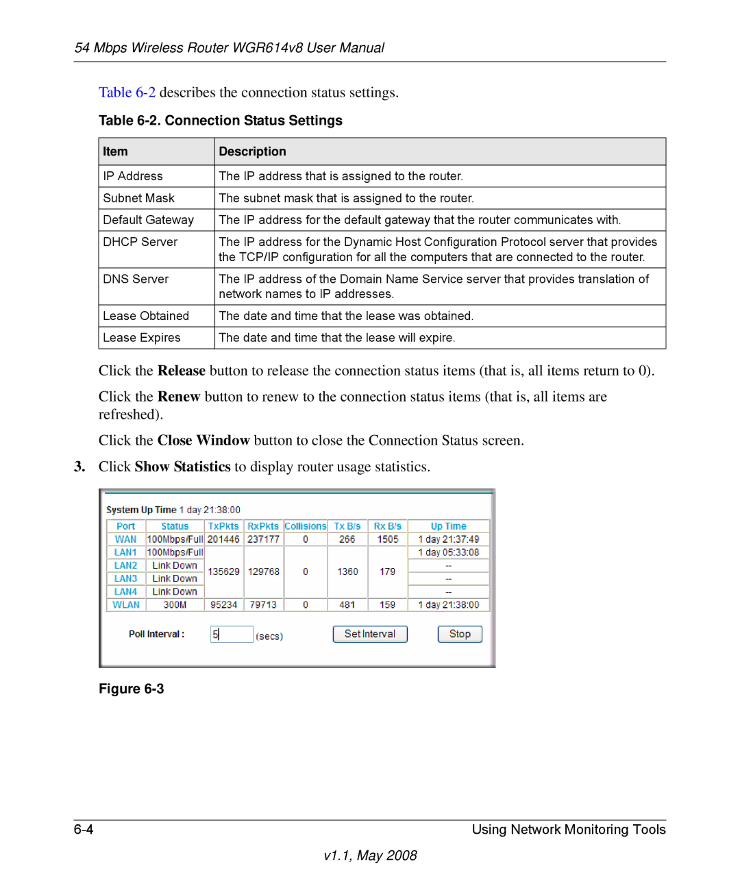 NETGEAR WGR614 v8 manual 2describes the connection status settings 