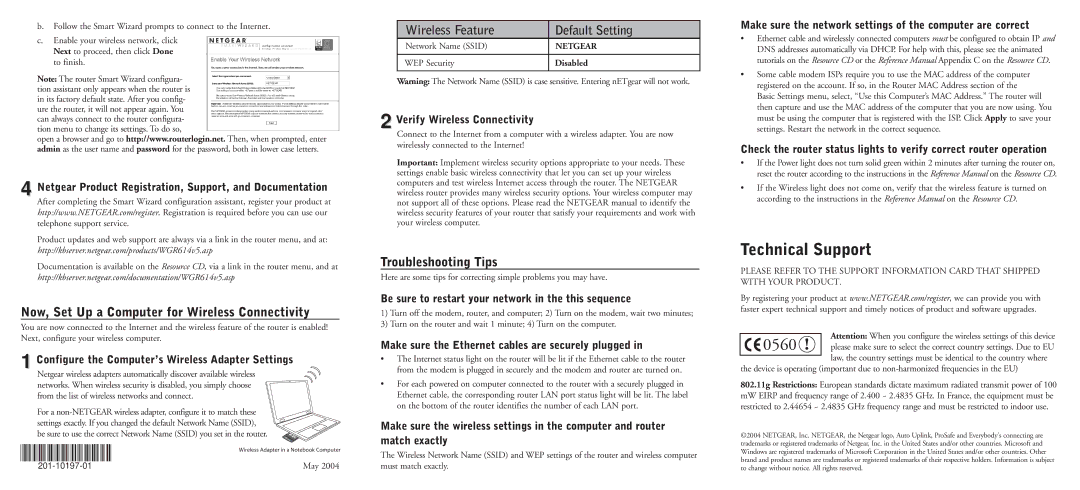 NETGEAR WGR614 Now, Set Up a Computer for Wireless Connectivity, Wireless Feature Default Setting, Troubleshooting Tips 