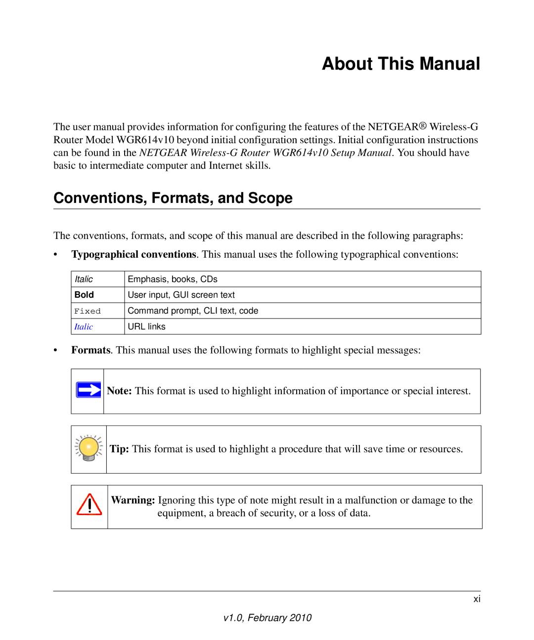 NETGEAR WGR614V10 manual About This Manual, Conventions, Formats, and Scope 