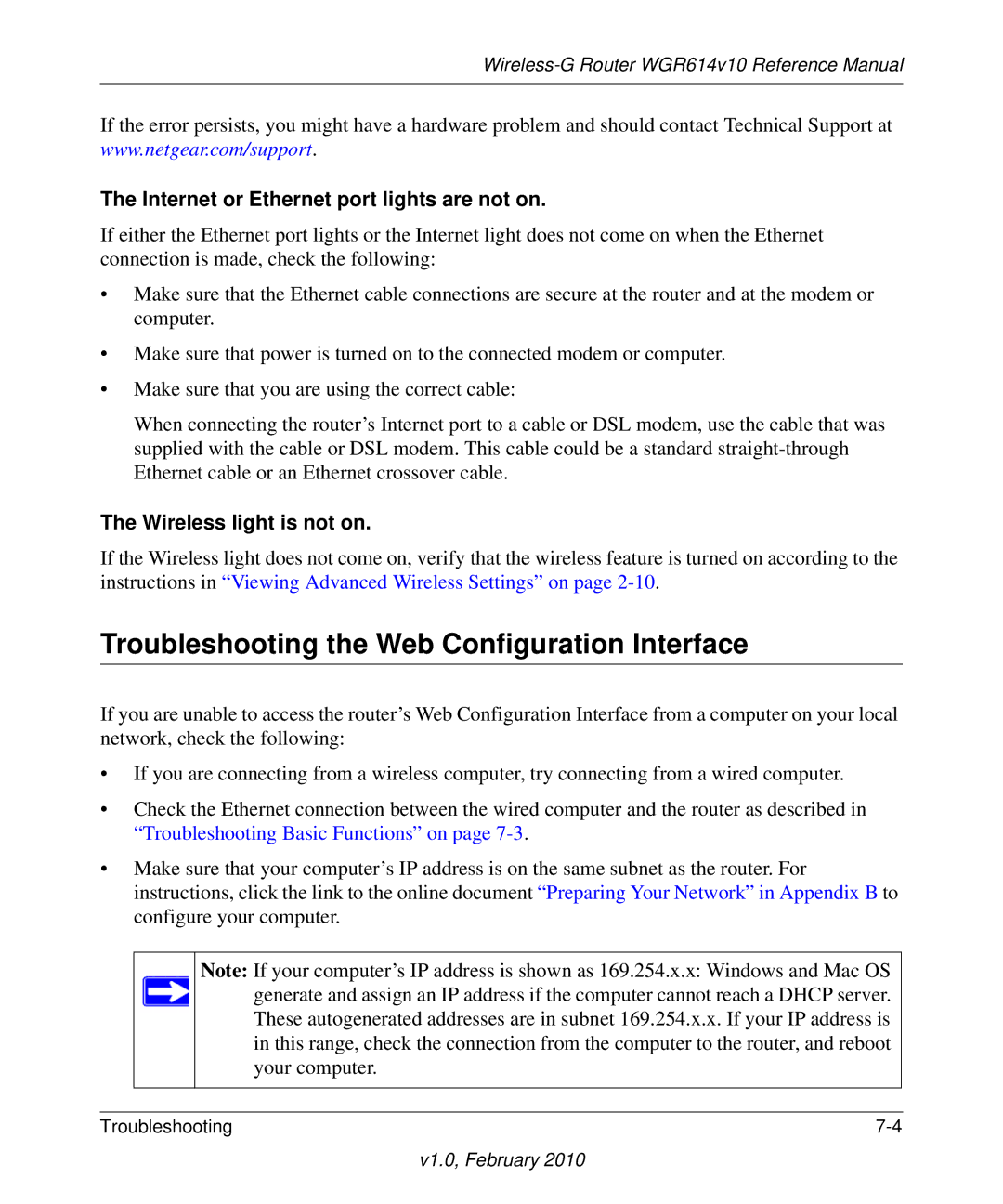 NETGEAR WGR614V10 manual Troubleshooting the Web Configuration Interface, Internet or Ethernet port lights are not on 