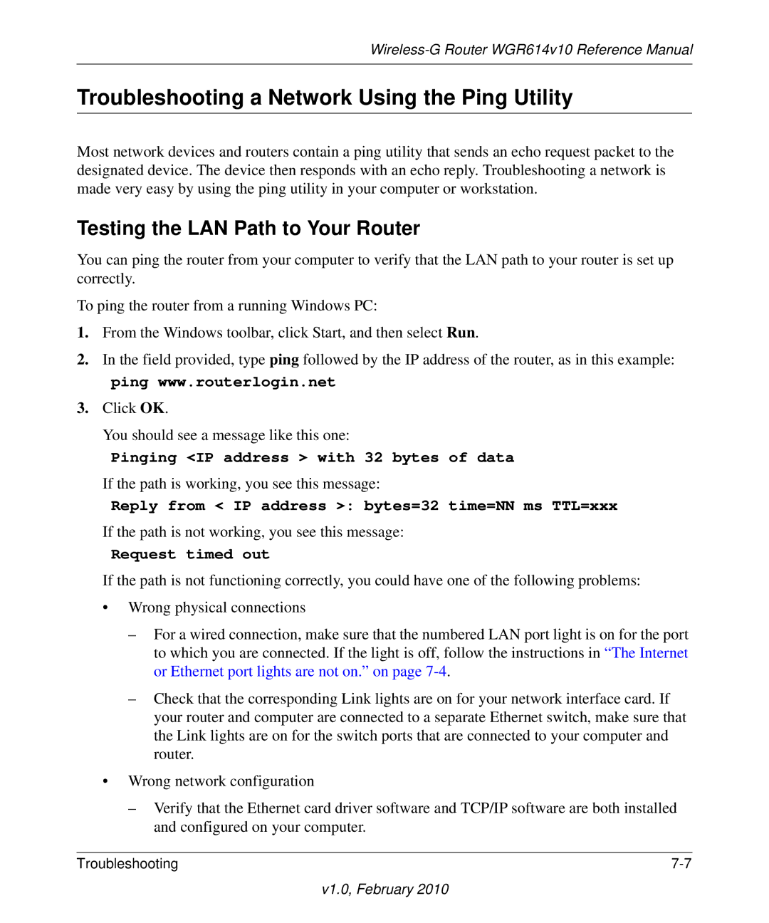 NETGEAR WGR614V10 manual Troubleshooting a Network Using the Ping Utility, Testing the LAN Path to Your Router 