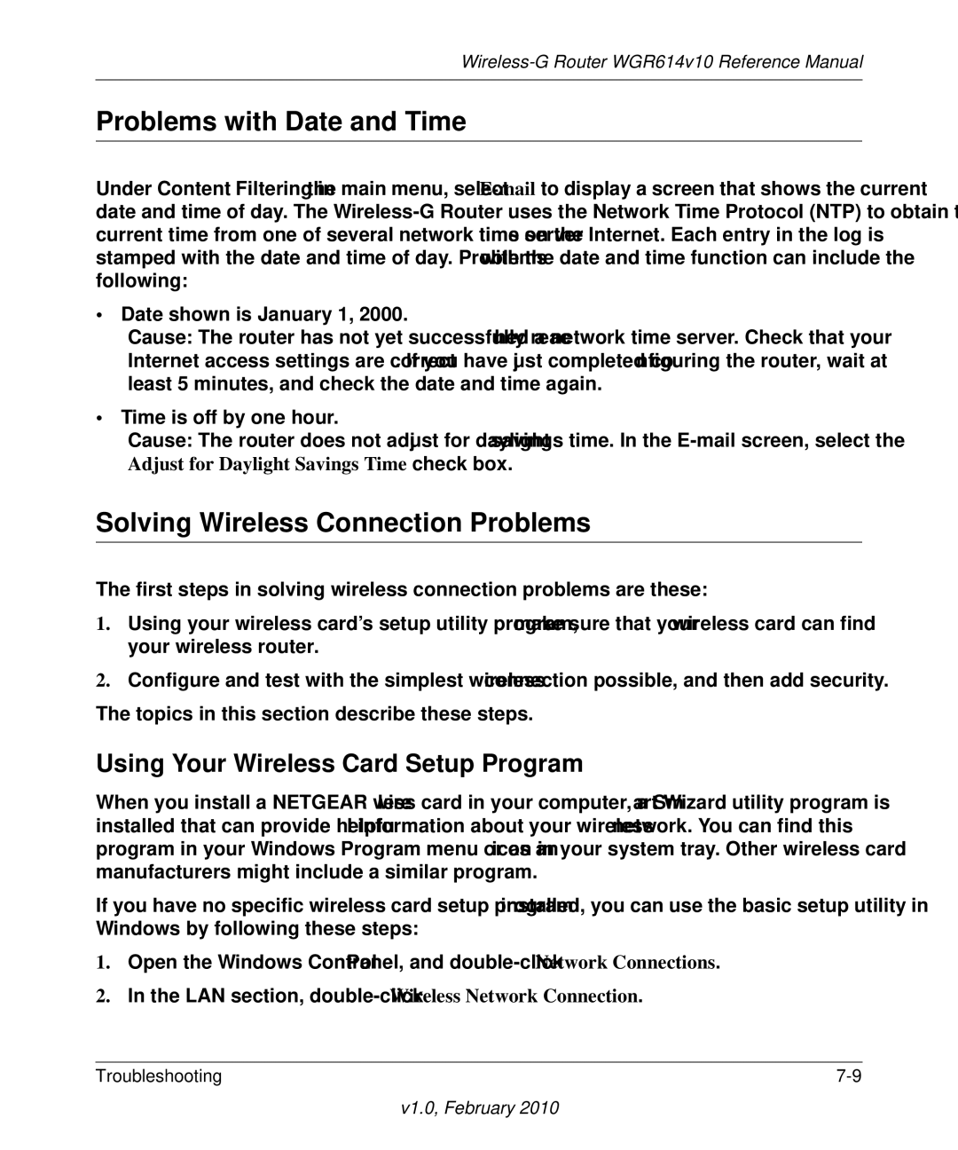 NETGEAR WGR614V10 manual Problems with Date and Time, Solving Wireless Connection Problems 