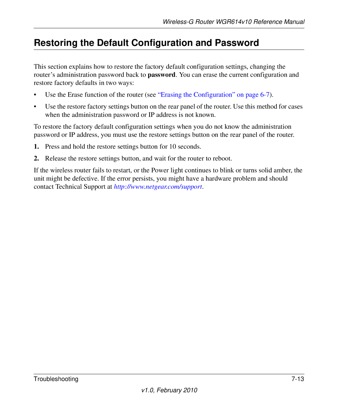 NETGEAR WGR614V10 manual Restoring the Default Configuration and Password 