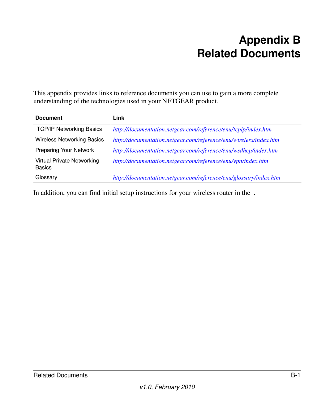 NETGEAR WGR614V10 manual Appendix B Related Documents, Document Link 