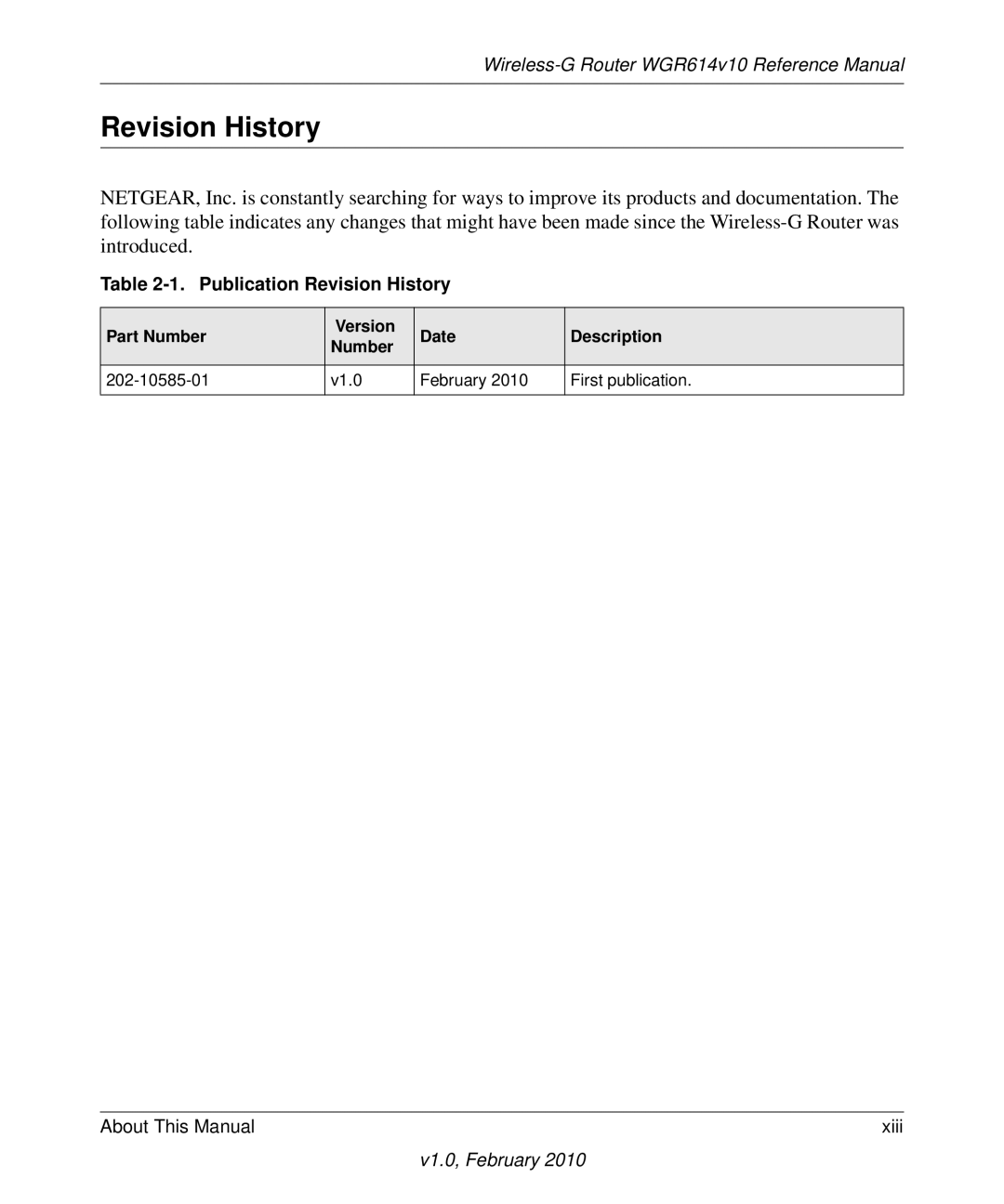 NETGEAR WGR614V10 manual Publication Revision History 