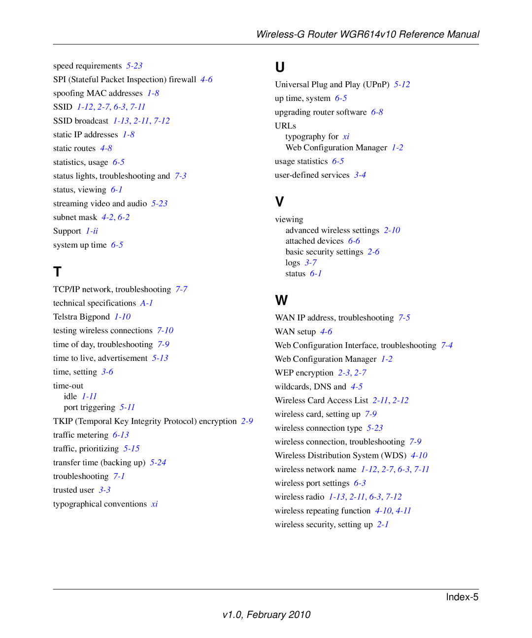 NETGEAR WGR614V10 manual Index-5 