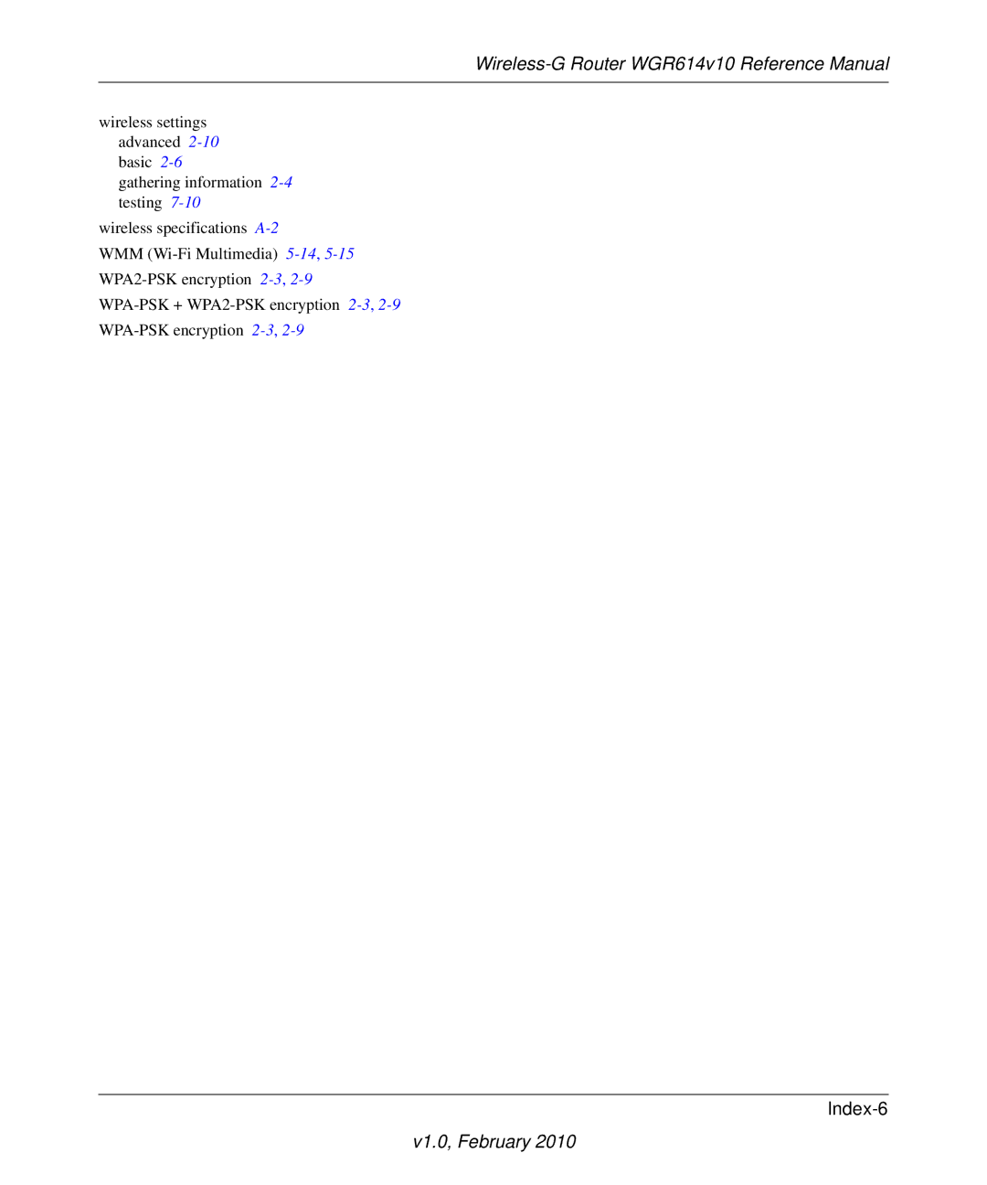 NETGEAR WGR614V10 manual Index-6 