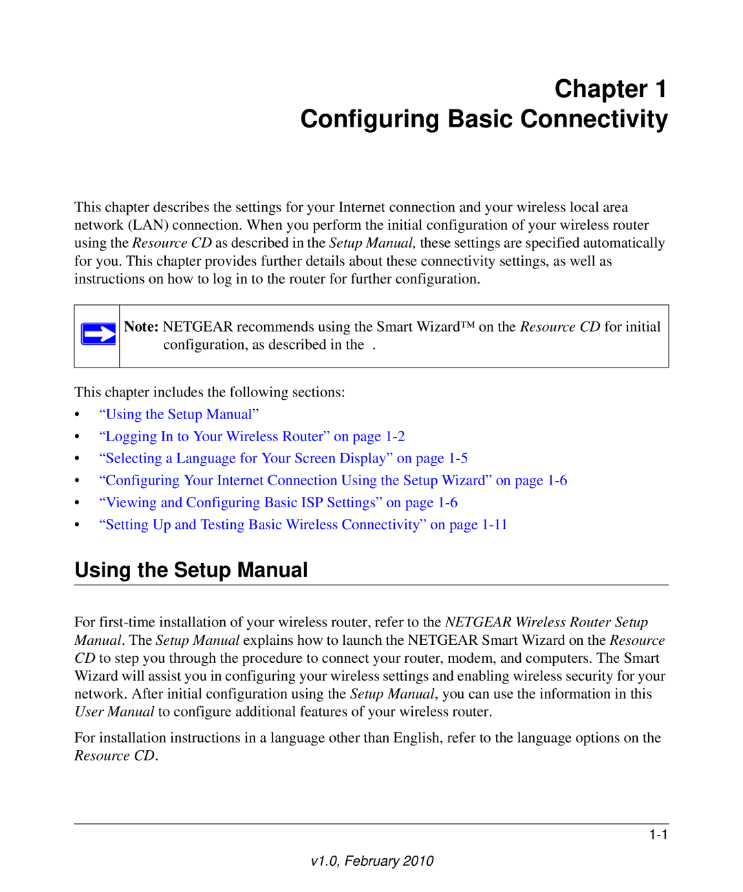 NETGEAR WGR614V10 manual Chapter Configuring Basic Connectivity, Using the Setup Manual 