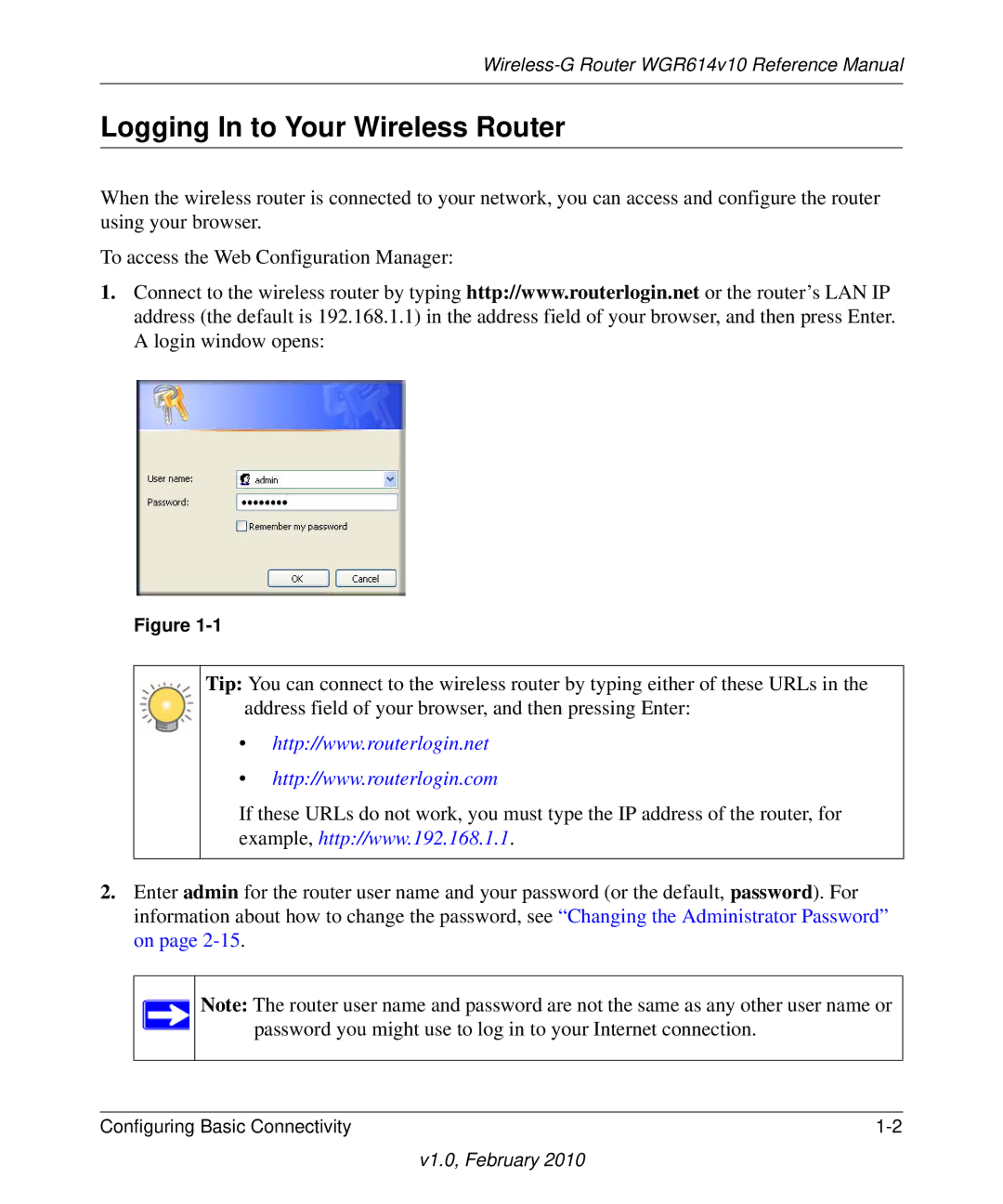 NETGEAR WGR614V10 manual Logging In to Your Wireless Router 