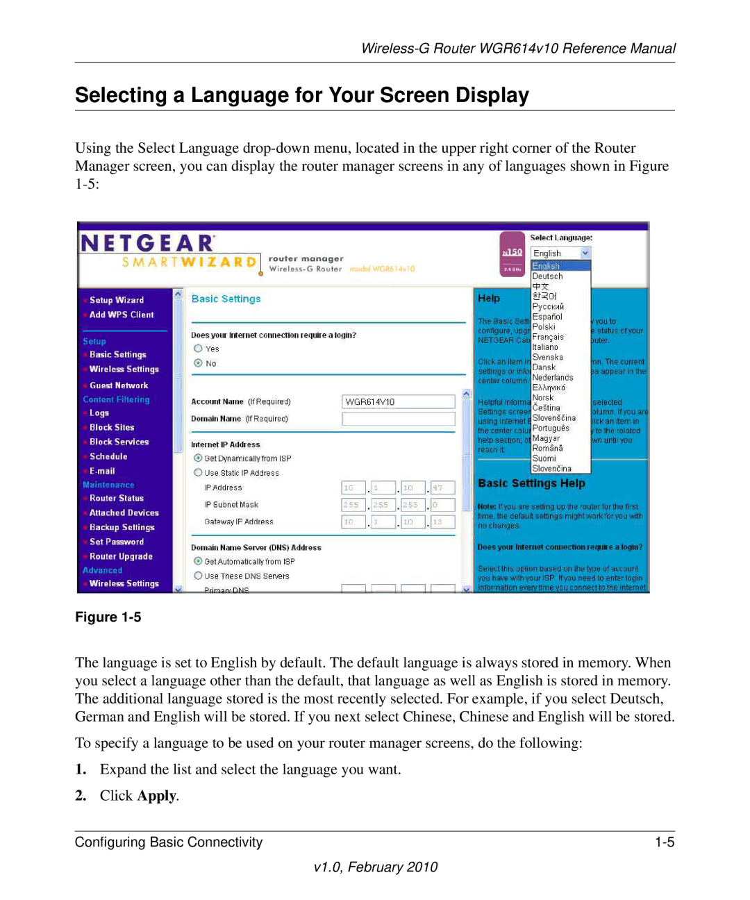 NETGEAR WGR614V10 manual Selecting a Language for Your Screen Display 