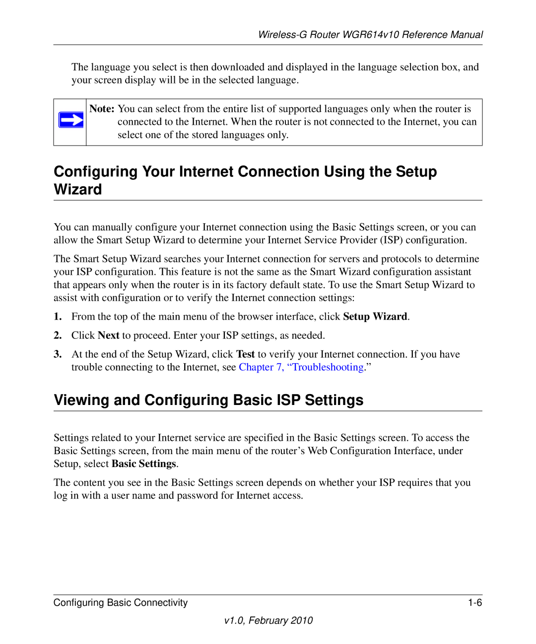 NETGEAR WGR614V10 Configuring Your Internet Connection Using the Setup Wizard, Viewing and Configuring Basic ISP Settings 