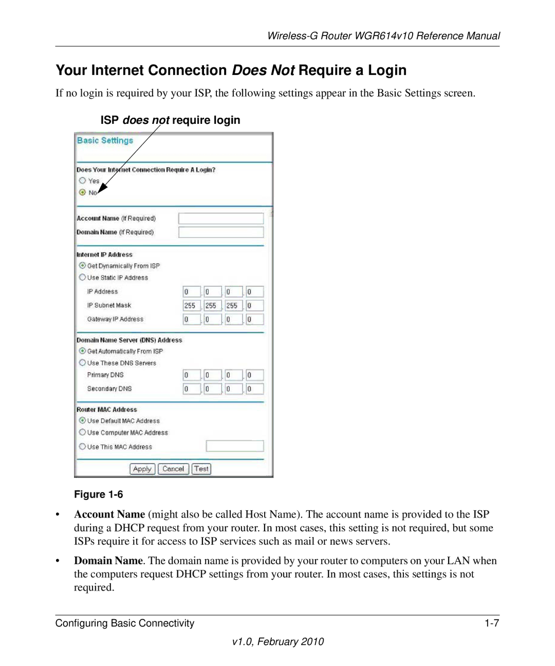 NETGEAR WGR614V10 manual Your Internet Connection Does Not Require a Login, ISP does not require login 