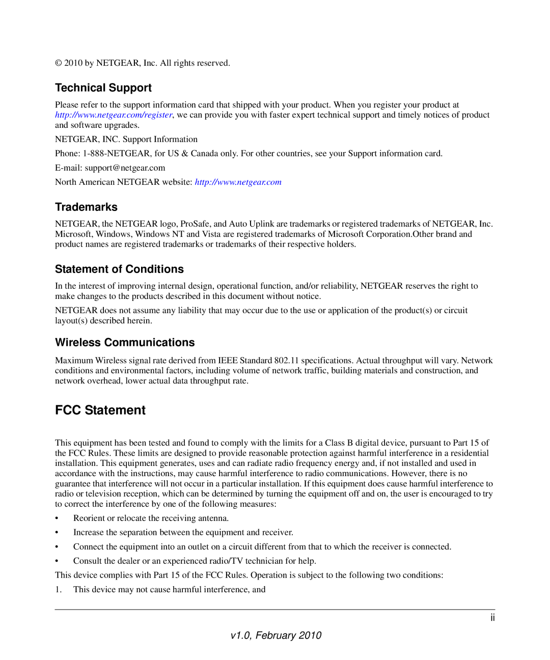 NETGEAR WGR614V10 manual Technical Support, Trademarks, Statement of Conditions, Wireless Communications 