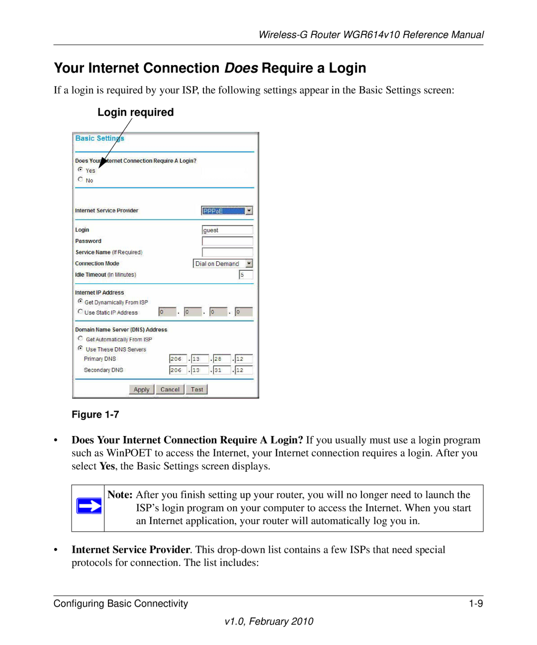 NETGEAR WGR614V10 manual Your Internet Connection Does Require a Login, Login required 